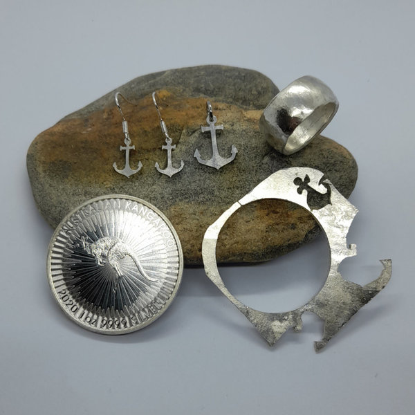 Ring, Anhänger, Ohrringe aus 1 Unze Australien Känguru Silber 999